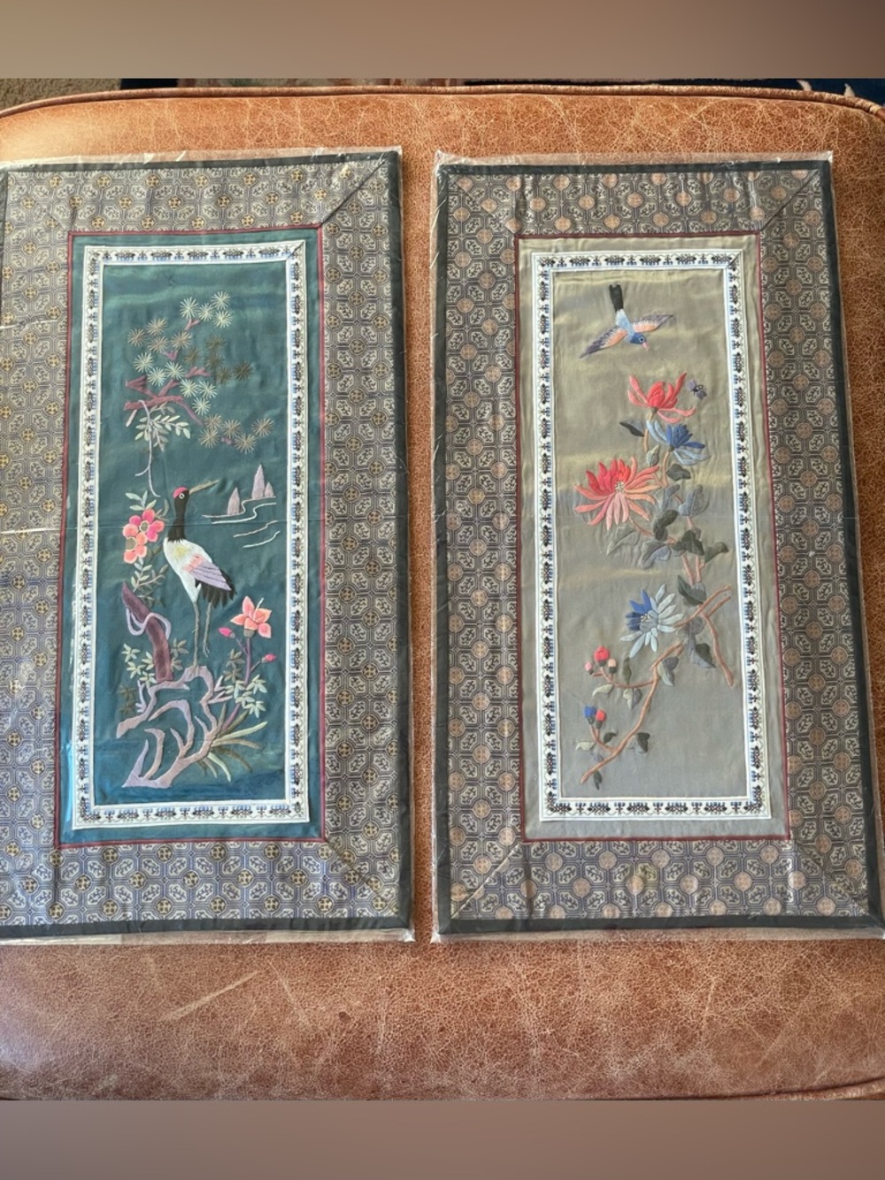 X2 Vintage Asian Silk Embroidered Botanical & Bird Silk Wall Panels Tapestry